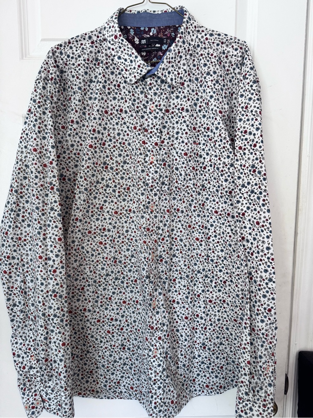 Men's White Floral Dress Shirt with Navy and Red Accents